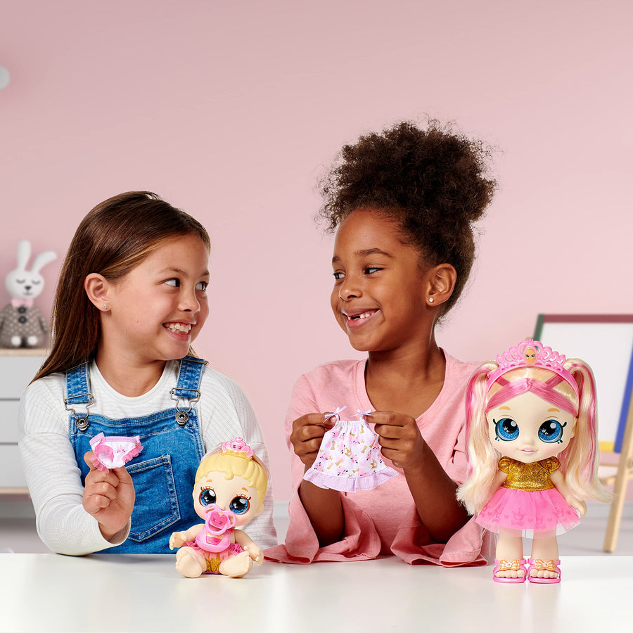 Kindi Kids Scented Sisters Pawsome Royal Family - Pre-School 10" Play Doll: Tiara Sparkles, 6.5" Baby Kindi: Teenie Tiara, and Kindi Pet: Prince Purrfection