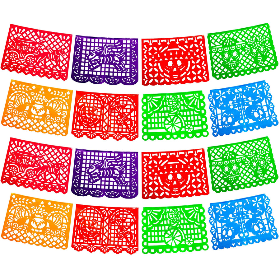JOYIN 16 Pcs Day of the Dead Plastic Papel Picado Banner, Mexican Fiesta Hanging Banner Flags in 5 Colors, Cinco De Mayo Fiesta Mexican Party Banner Decorations