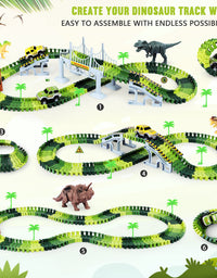 Dinosaur Toys-170 pcs Create A Dinosaur World Road Race-Flexible Track Playset ,4 Dinosaurs and 2 Race Car Toys for 3 4 5 6 Year & Up Old boy Girls Best Gift (Green)
