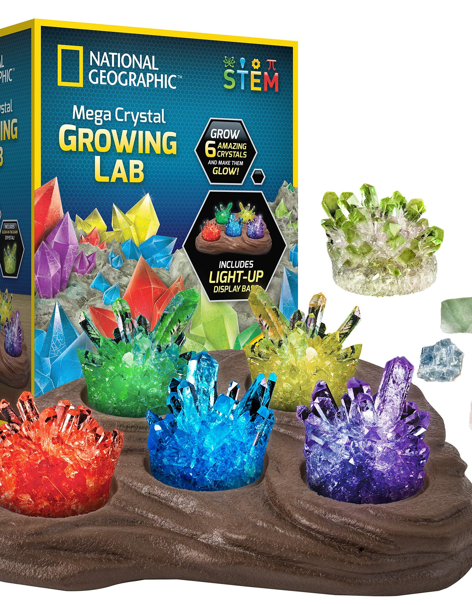 NATIONAL GEOGRAPHIC Mega Crystal Growing Lab – Grow 6 Vibrant Crystals Fast (3-4 Days), with Light-Up Display Stand, Learning Guide, & 4 Genuine Crystal Specimens, an Amazon Exclusive Science Kit