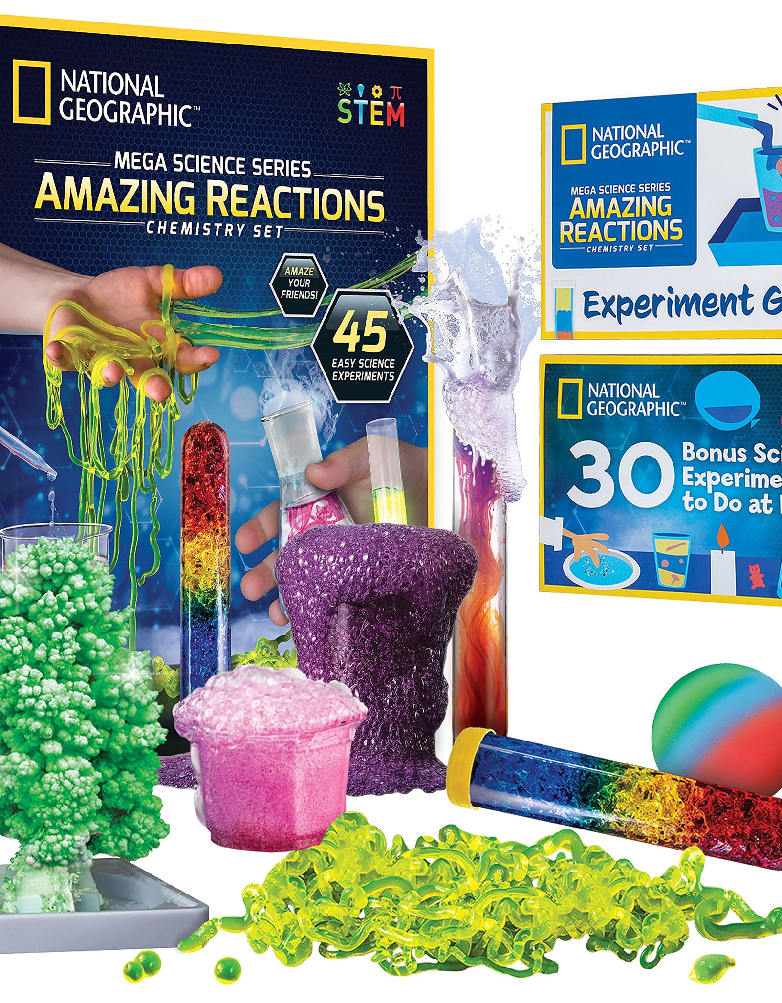 NATIONAL GEOGRAPHIC Amazing Chemistry Set - Mega Chemistry Kit with Over 15 Science Experiments, Make Glowing Worms, a Crystal Tree, Fizzy Solutions, and More, Great STEM Gift for Girls and Boys