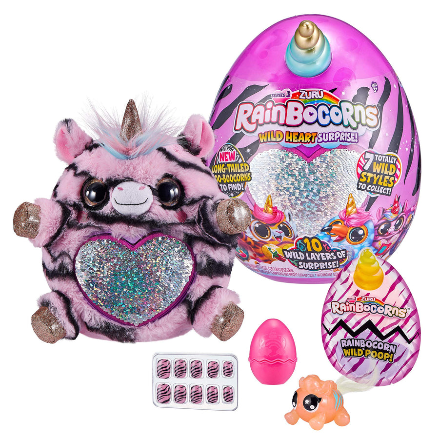 Rainbocorns Wild Heart Surprise Zebra - 11" Collectible Plush Stuffed Animal - 10 Layers of Surprises, Unicorn Slime Mix, Nail Decals, Sparkle Sequin Heart, Ages 3+ by ZURU