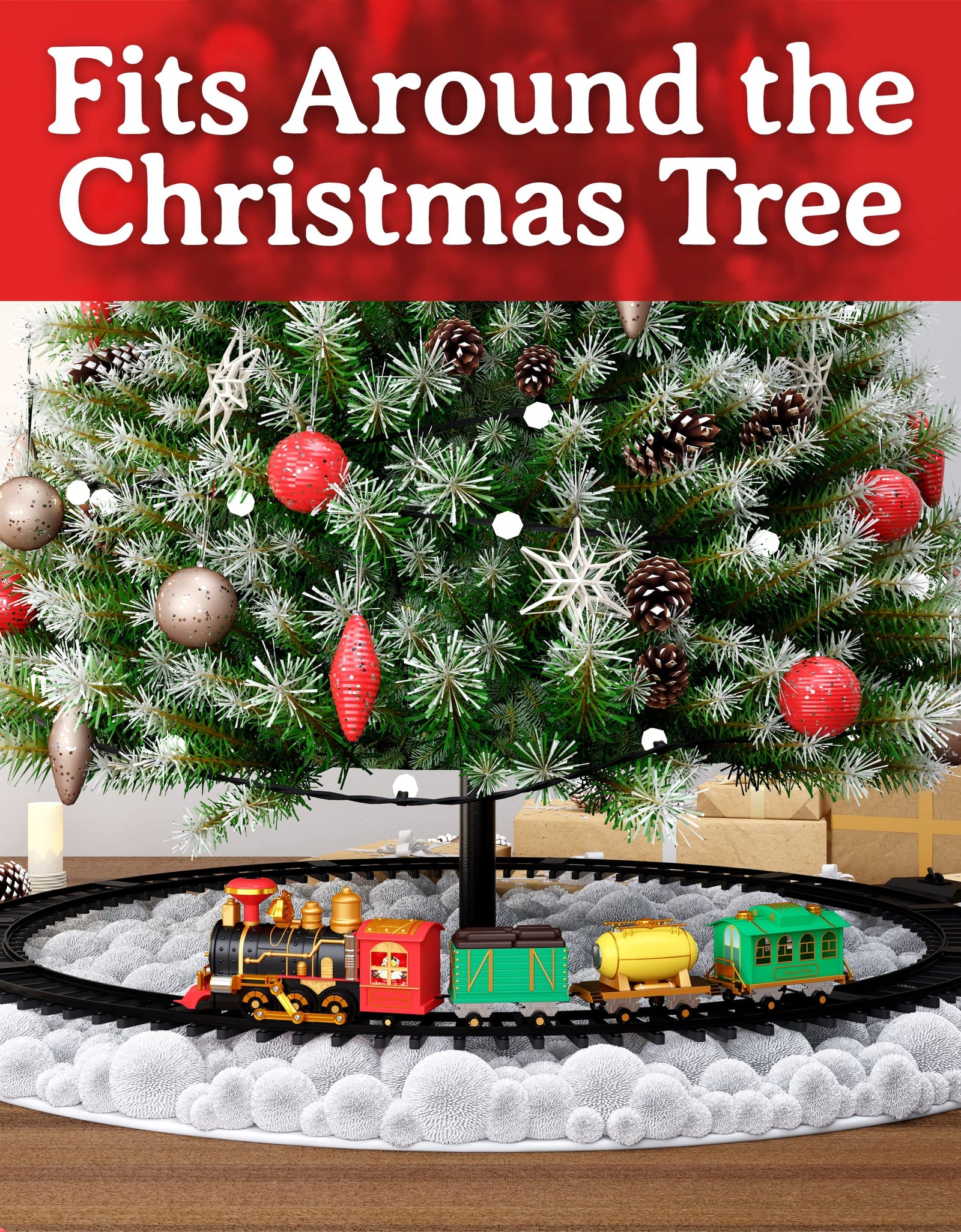 Christmas Steam Train Toy - Electric Train Set for Around Christmas Tree and Kids with Real Smoke, Music, & Lights Xmas Trains