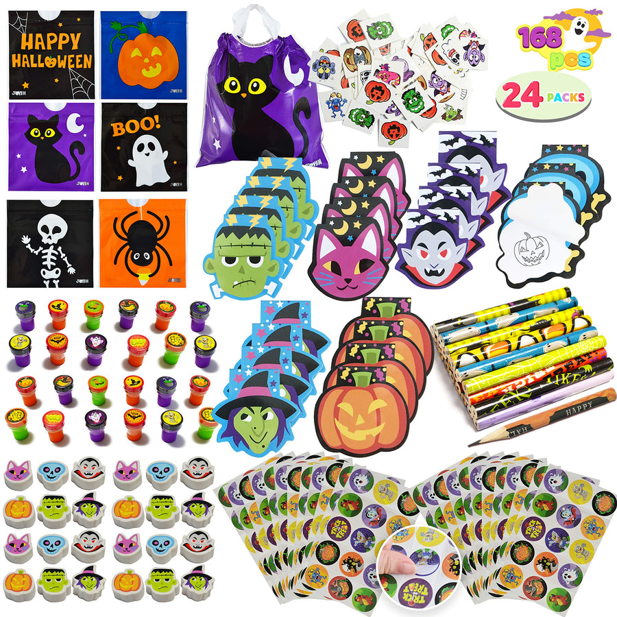 168 Pcs 24 Pack Assorted Halloween Art and Craft Stationery Kids Gift Set Trick or Treat Party Favor Toy Including Halloween Bag, Notepads, Stamps, Pencils, Stickers and Temporary Tattoos