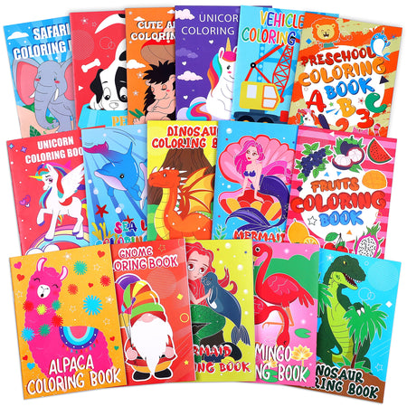 16PCS Coloring Books for Kids Ages 4-8 - Birthday Party Favors Gifts Goodie Bags Stuffer Fillers School Classroom Activity Includes Unicorn, Mermaid, Alpaca, Dinosaur, Fruits, Car,Gnome Design