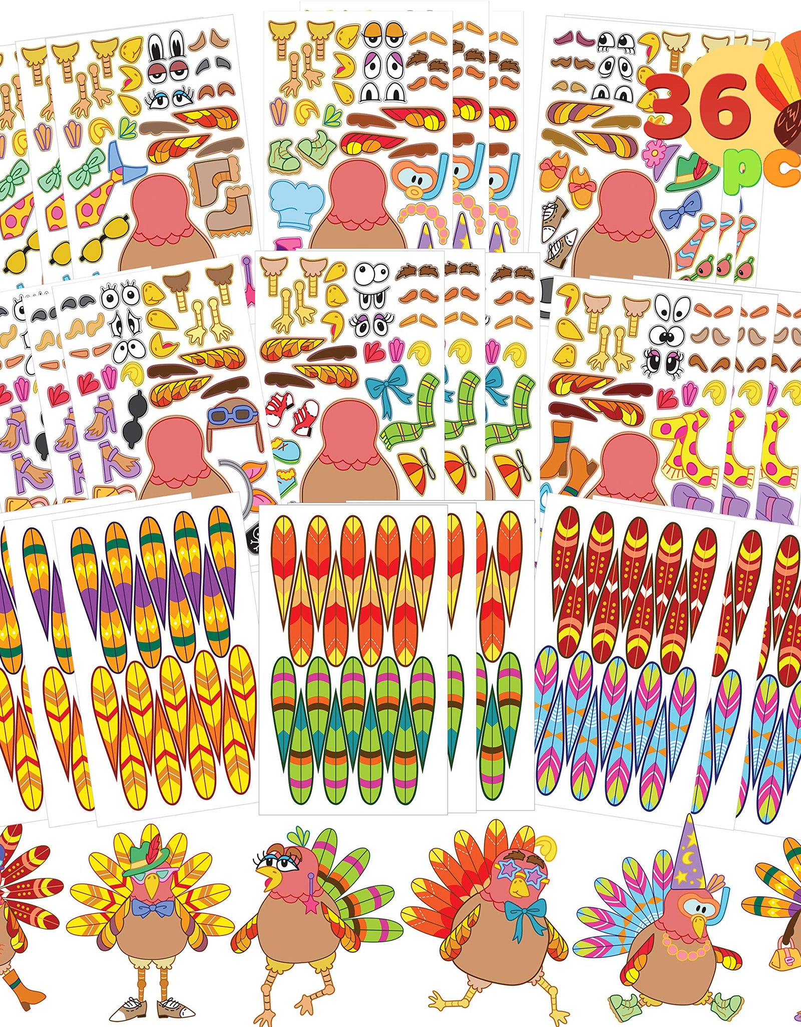 JOYIN 36 PCS Thanksgiving Make-a-Turkey Sticker Crafts for Kids DIY Turkey Stickers with Different Designs Thanksgiving Activities Party Favors