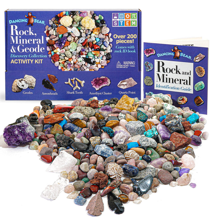 Dancing Bear Rock & Mineral Collection Activity Kit (200+Pcs) with Geodes, Shark Teeth Fossils, Arrowheads, Crystals, Gemstones for Kids, Rock Book, Treasure Hunt ID Sheet, STEM Education, Made in USA